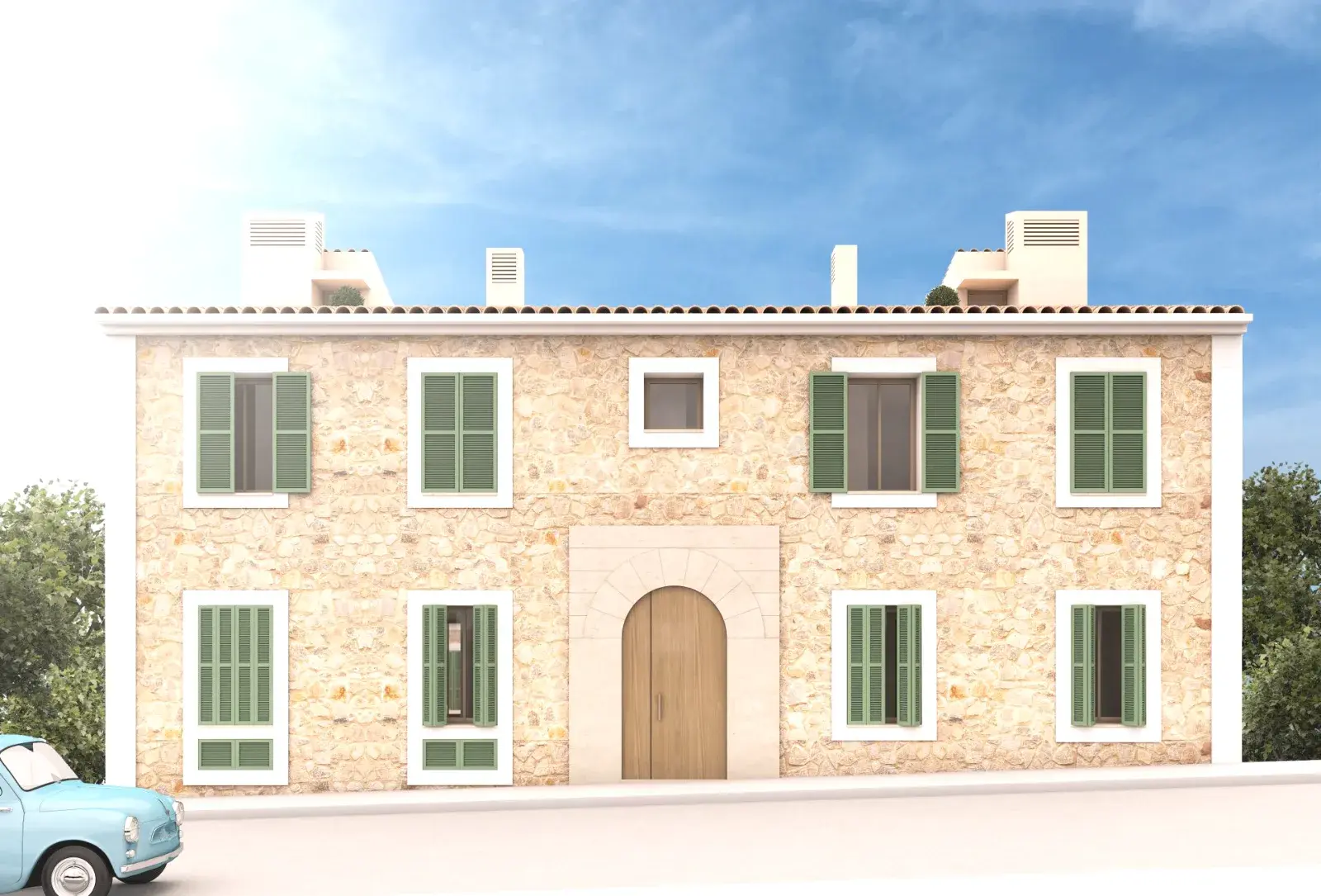 Render exterior del edificio residencial de Valldemossa