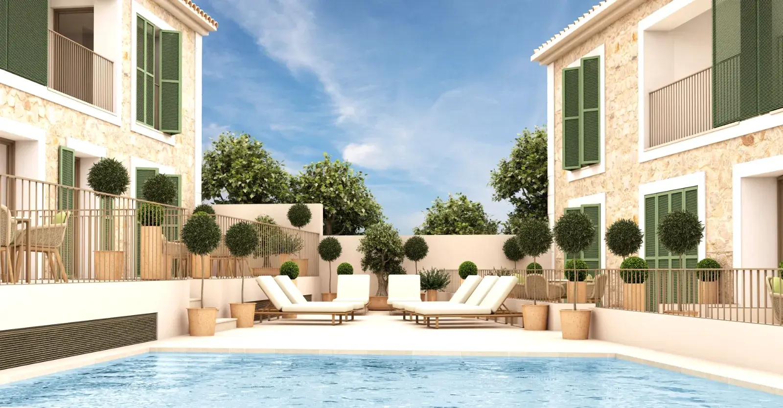 Render de la zona de piscina del edificio residencial de Valldemossa